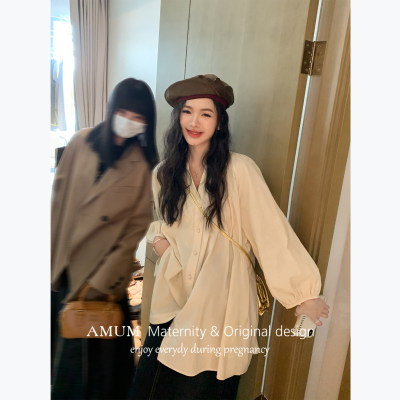◆AMUM孕妇装◆洋气衬衫~慵懒早秋新款韩版V领宽松通勤休闲装上衣