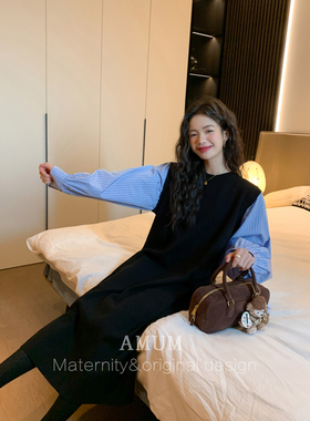 ◆AMUM孕妇装◆炸街减龄~假两件衬衫针织连衣裙宽松拼接气质长裙
