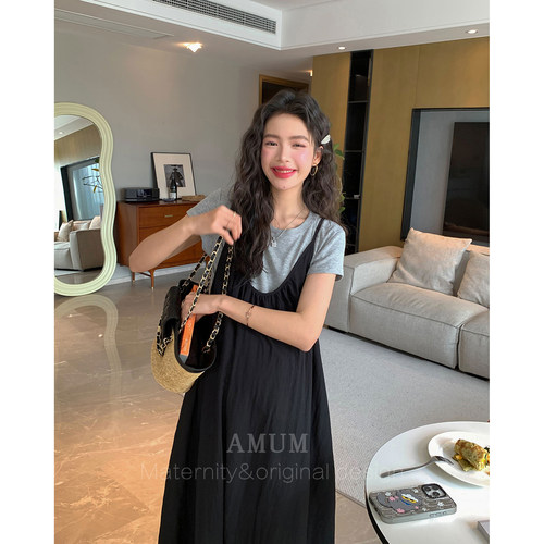 ◆AMUM孕妇装◆松弛感绝了~黑色宽松大U领叠穿显瘦A摆吊带连衣裙