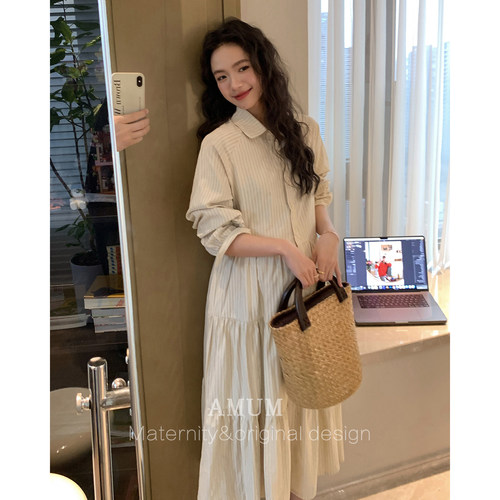 ◆AMUM孕妇装◆首尔画展~miu系条纹衬衫连衣裙甜美设计感蛋糕长裙