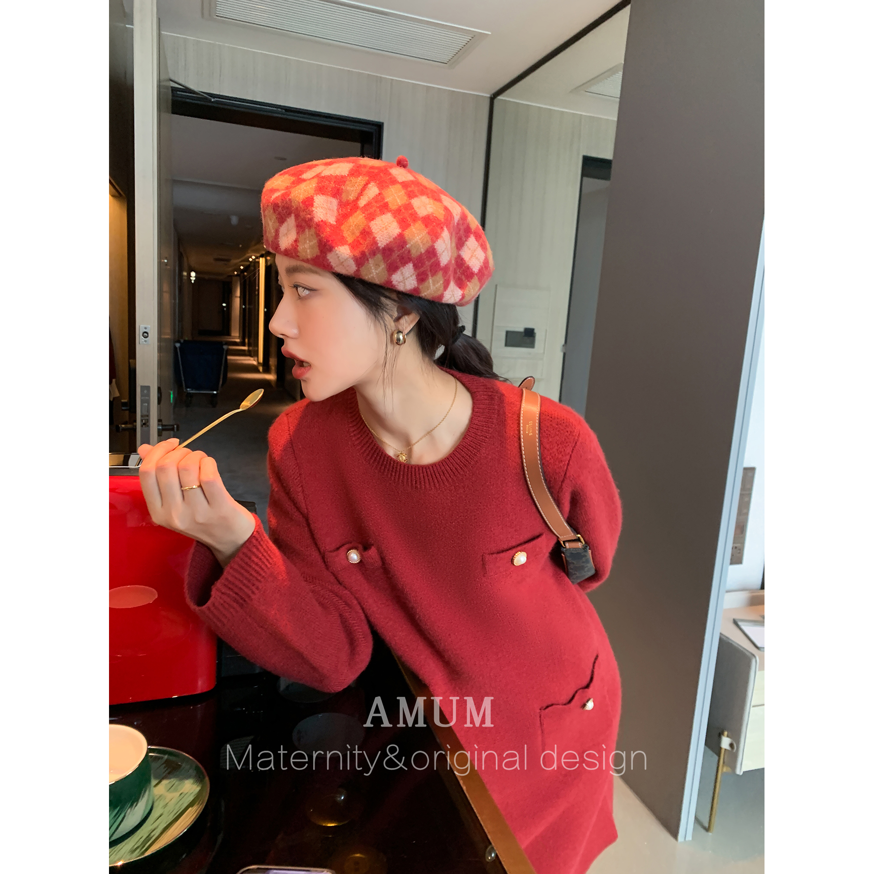 ◆AMUM孕妇装◆氛围festival~小香风针织宽松红色毛衣新年连衣裙