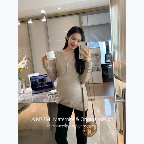 ◆AMUM孕妇装◆精致cali girl~设计感V领针织衫秋季修身打底上衣