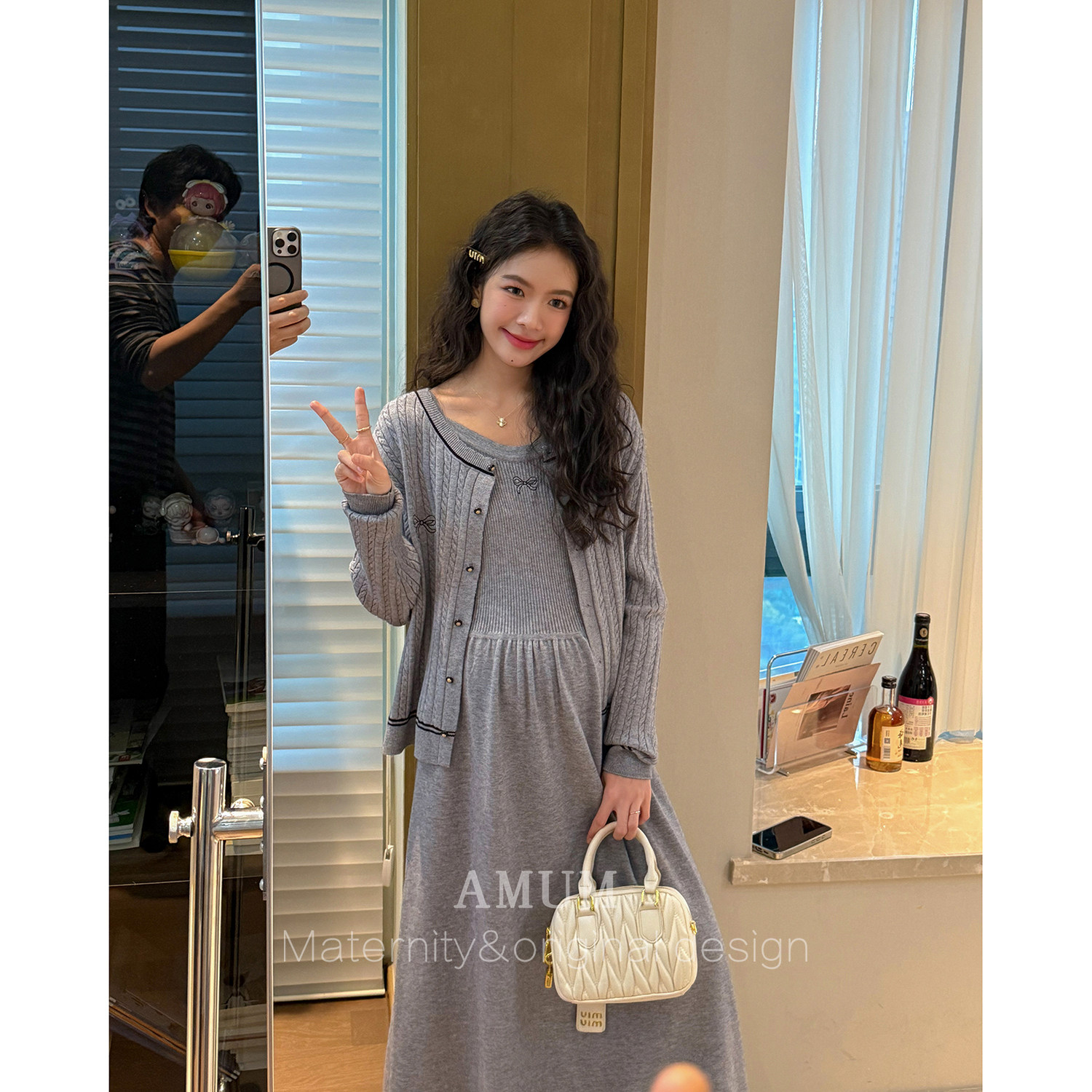 ◆AMUM孕妇装◆春日偏爱~法式气质麻花软糯针织开衫背心裙两件套