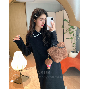 ◆AMUM孕妇装◆随性美学~气质黑色软糯菠萝纹翻领显瘦针织连衣裙