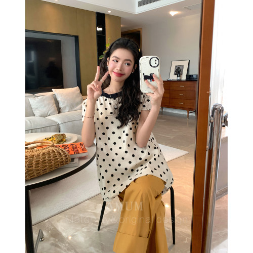 ◆AMUM孕妇装◆波点花园~法式甜美木耳领夏宽松短袖复古棉上衣