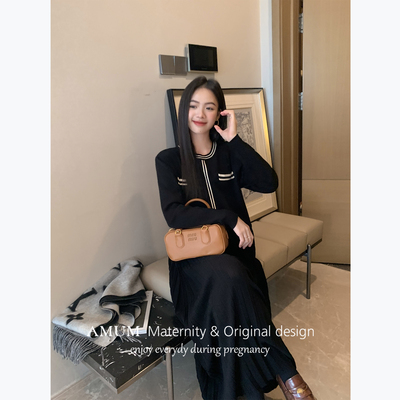 ◆AMUM孕妇装◆赫尔小姐~法式小香风气质显瘦a字百褶打底连衣裙