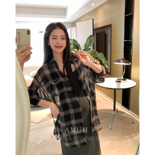 轻薄复古灰格垂感衬衣慵懒防晒休闲外套 酷飒格纹 AMUM孕妇装