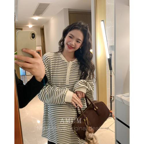 ◆AMUM孕妇装◆轻松派~百搭基础款休闲条纹长袖V领T恤内搭外穿