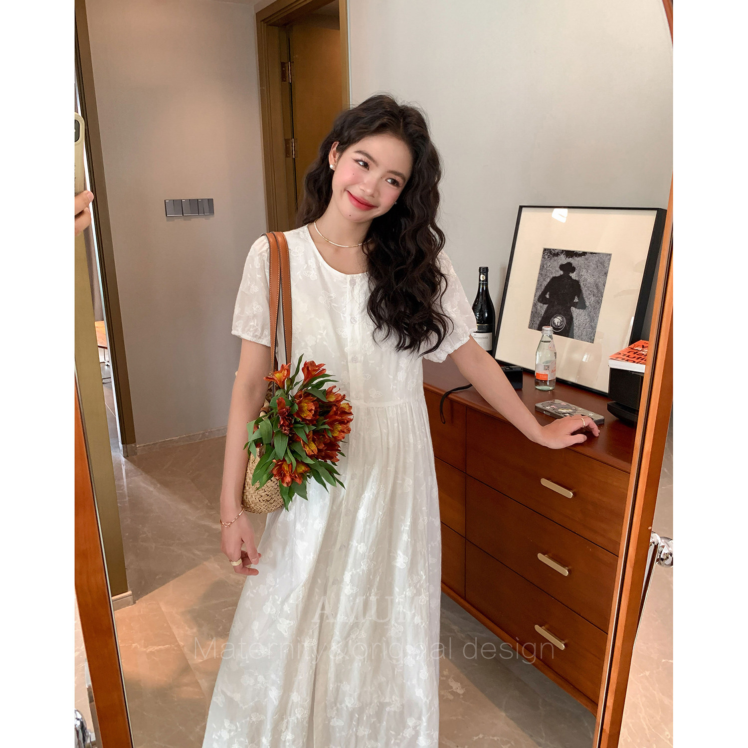 ◆AMUM孕妇装◆温柔白月光~甜美绣花初夏清新宽松初恋气质小白裙