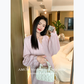 早春粉色垂感长裙温柔复古V领显瘦连衣裙 西柚暮色 AMUM孕妇装