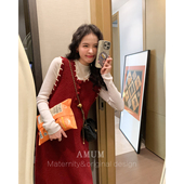 加厚无袖 甜蜜樱桃红 宽松背心裙复古针织新年战袍 AMUM孕妇装