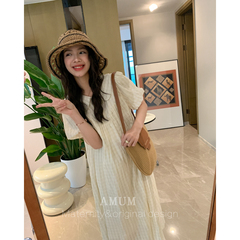 ◆AMUM孕妇装◆夏日已至~格纹娃娃领温柔甜美宽松泡泡袖连衣裙