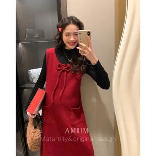 ◆AMUM孕妇装◆蝴蝶结氛围~元气复古红色新年叠穿无袖针织背心裙