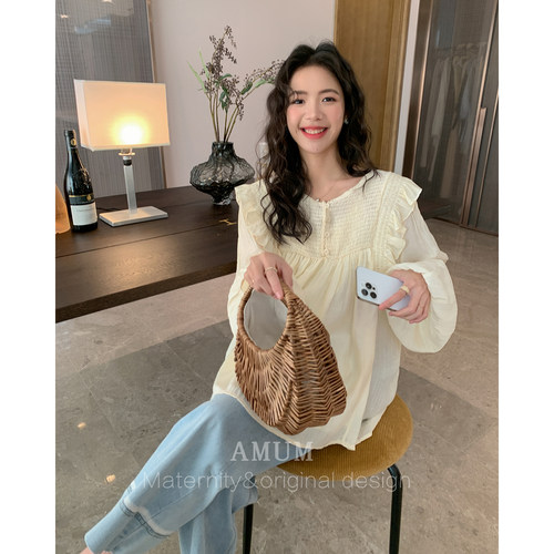 ◆AMUM孕妇装◆轻法少女~薄款气质衬衫褶皱木耳边雪纺娃娃衫上衣