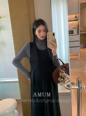 ◆AMUM孕妇装◆秋冬叠叠乐~法式复古圆领黑色无袖加绒休闲背心裙