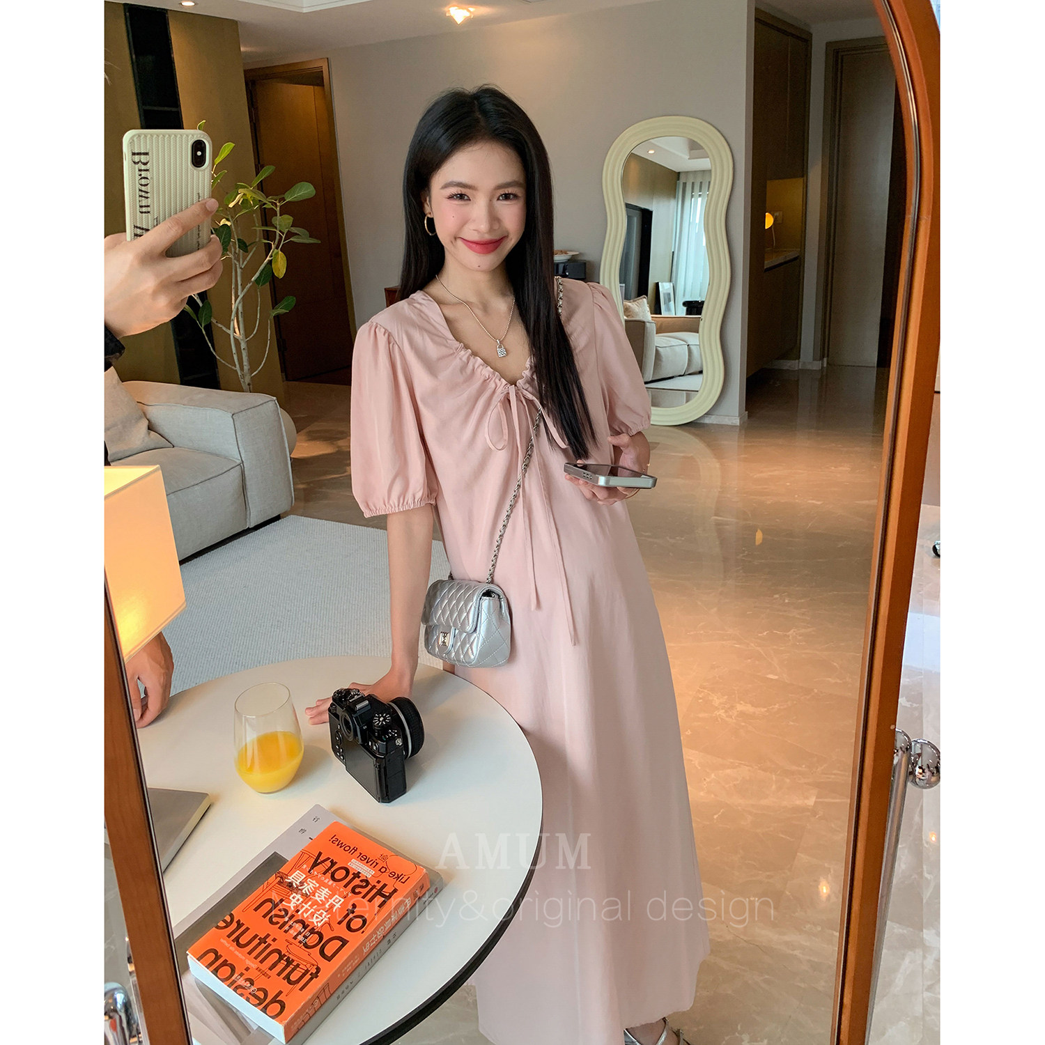 ◆AMUM孕妇装◆清风南意~法式V领抽绳系带夏季宽松长款度假连衣裙