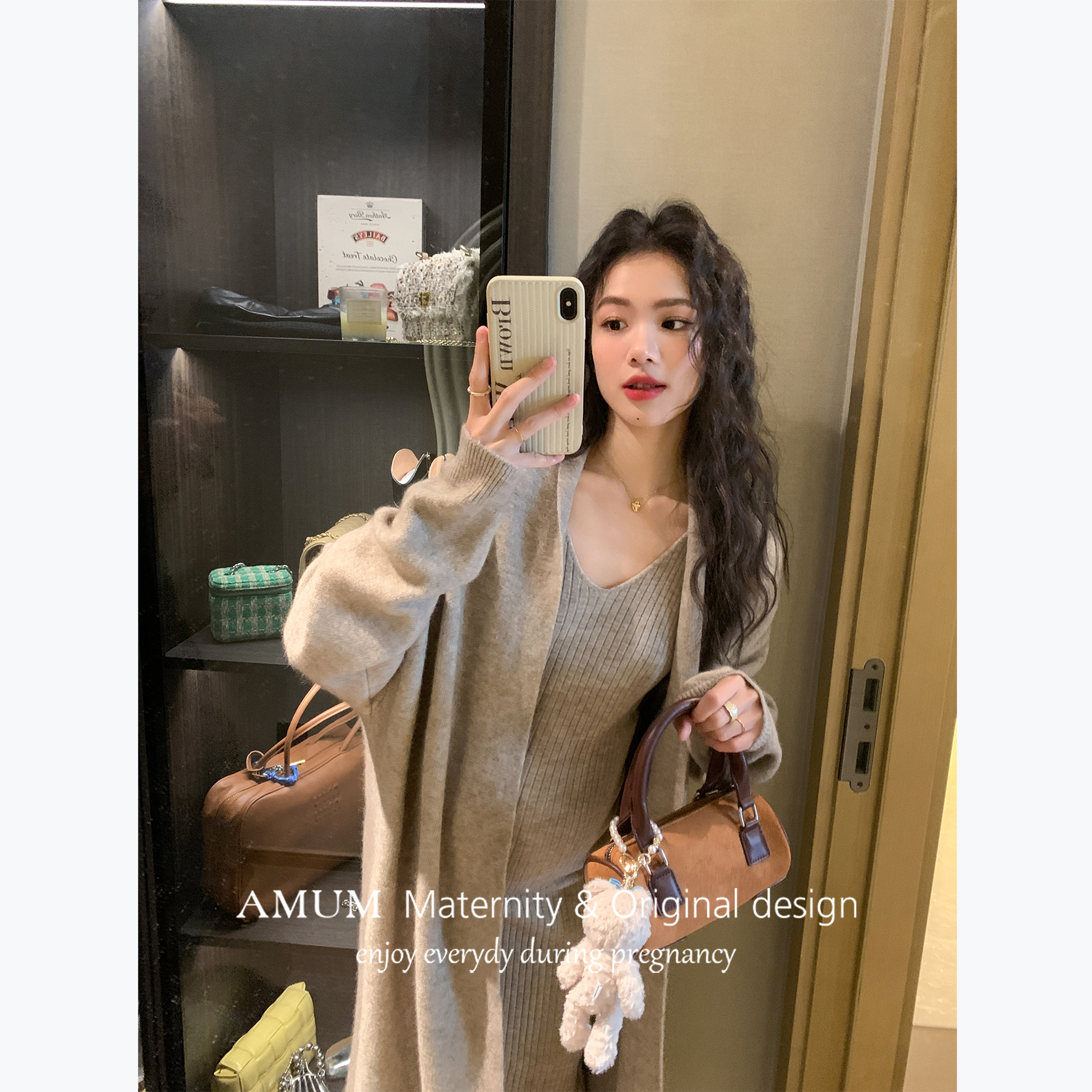 ◆AMUM孕妇装◆温暖抱抱~软糯毛衣针织外套气质中长款开衫吊带套