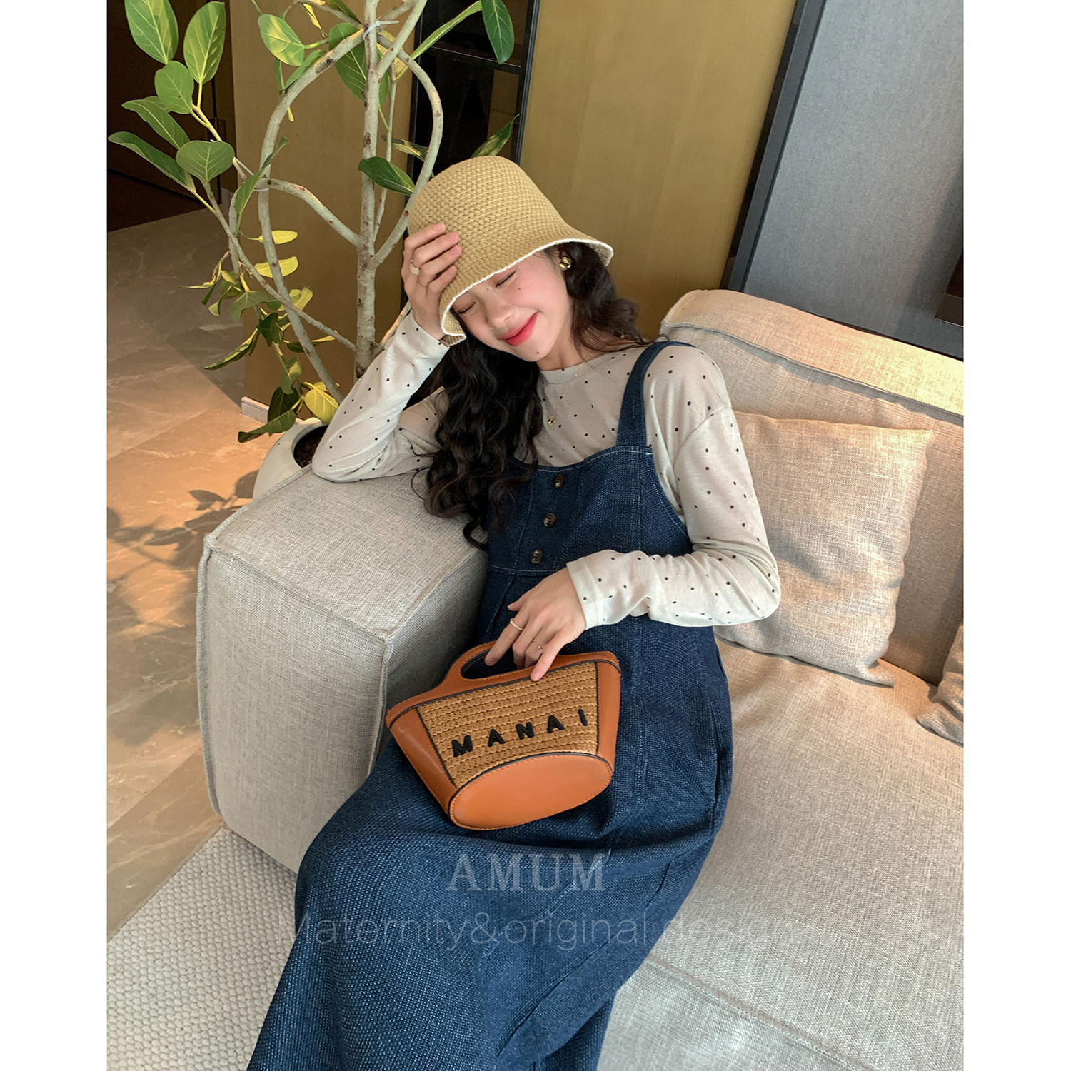 ◆AMUM孕妇装◆时间旅行~复古牛仔蓝宽松背带裙休闲减龄穿搭春装图片