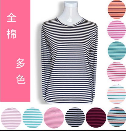 棉中老年女长袖条纹打底衫妈妈装圆领宽松t恤纯棉春秋汗衫