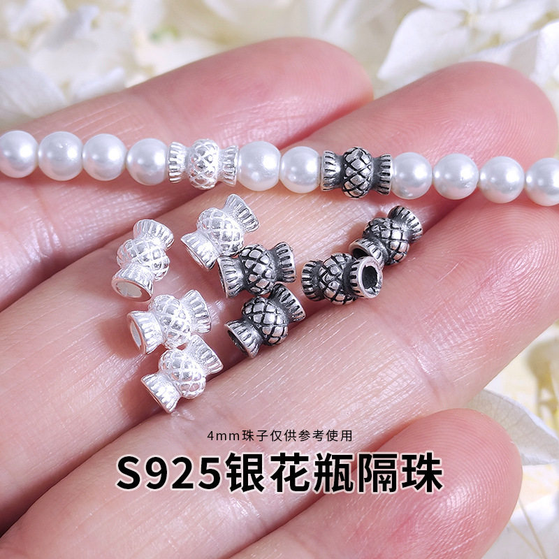 S925银花瓶隔珠散珠DIY串珠手链项链配件银饰桶珠间隔珠