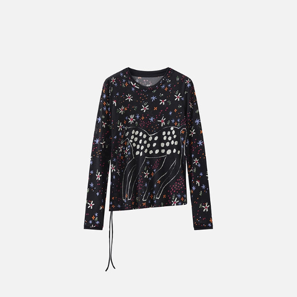 衣播T恤2026春款BDT1YD2910新款印花抽绳长袖圆领打底衫高山的马