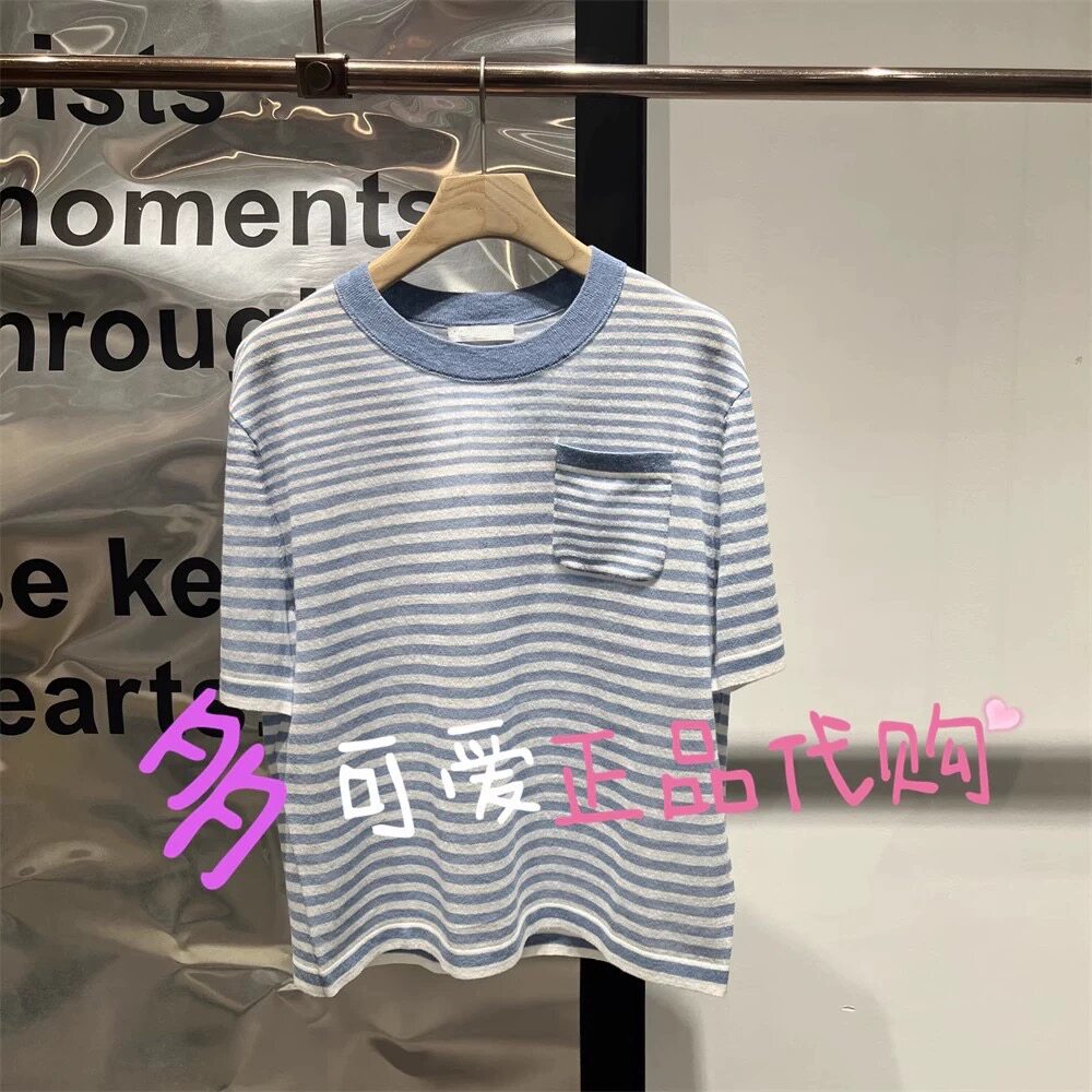 播针织衫2025夏季BDS2SD2351新款轻薄条纹短袖套头上衣琴谱与晨辉