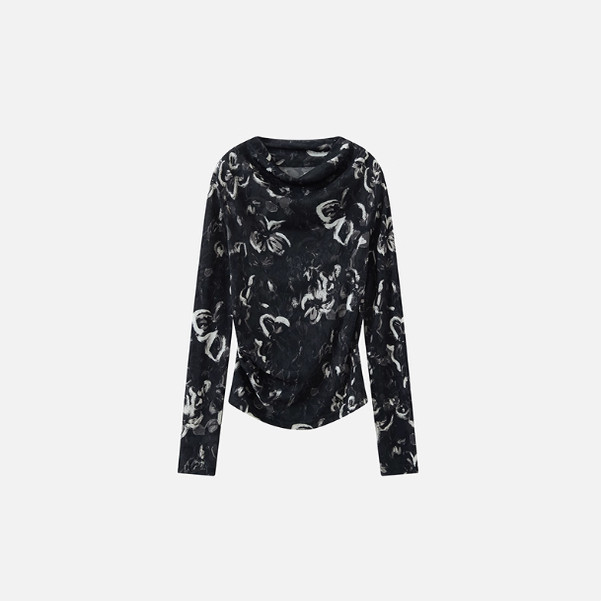 衣播T恤2026春款BDT1YD1234新款晕染印花长袖堆领打底衫春日繁花