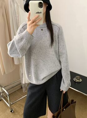 100纯羊绒千灰色圆领插肩袖羊绒休闲毛衣