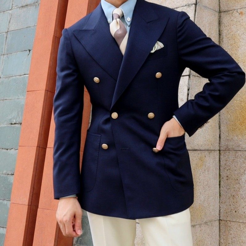 seekmited双排扣西服布雷泽休闲西装半麻衬海军意式商务男士单西