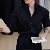 SEEKMITED黑色免烫一片领瀑布袖 衬衫 雅痞小众高级感竹纤维衬衣