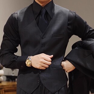 SEEKMITED深灰色单排扣羊毛西装马甲商务通勤v领内搭黑色马甲