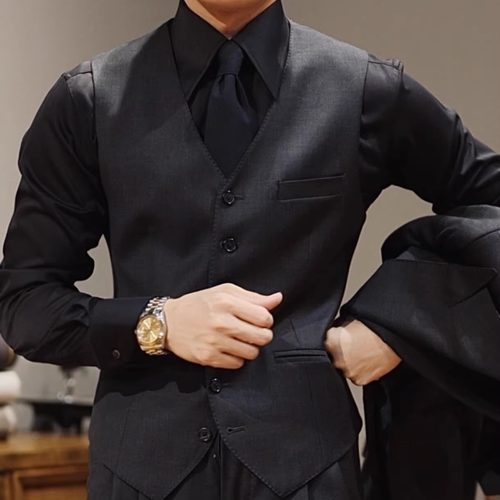 SEEKMITED深灰色单排扣羊毛西装马甲商务通勤v领内搭黑色马甲