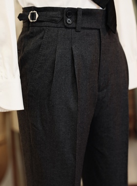 SEEKMITED秋冬法兰绒羊毛那不勒斯高腰西裤深灰色双折九分裤