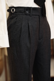 SEEKMITED秋冬法兰绒羊毛那不勒斯高腰西裤深灰色双折九分裤