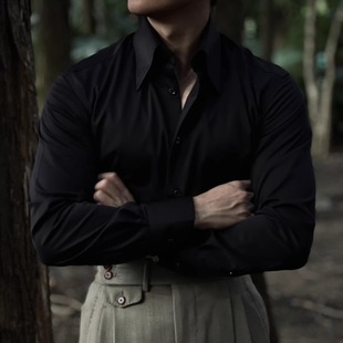 SEEKMITED免烫抗皱长尖领竹纤维英伦雅痞男黑色休闲长袖衬衫痞帅