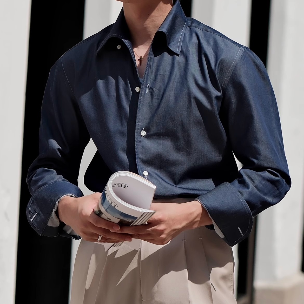 SEEKMITED意式长袖一片领休闲牛仔蓝衬衫夏季纯棉瀑布袖男衬衣