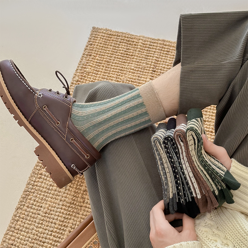 无骨复古民族风袜子男中筒双针双路新款秋冬季英伦风男士保暖长袜