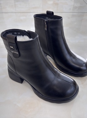 卡莱特斯2025冬新款粗跟羊皮羊毛圆头保暖女棉靴子正品75573-5