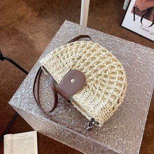复古草编包ins海边度假沙滩单肩镂空法式草编包有内衬有拉链