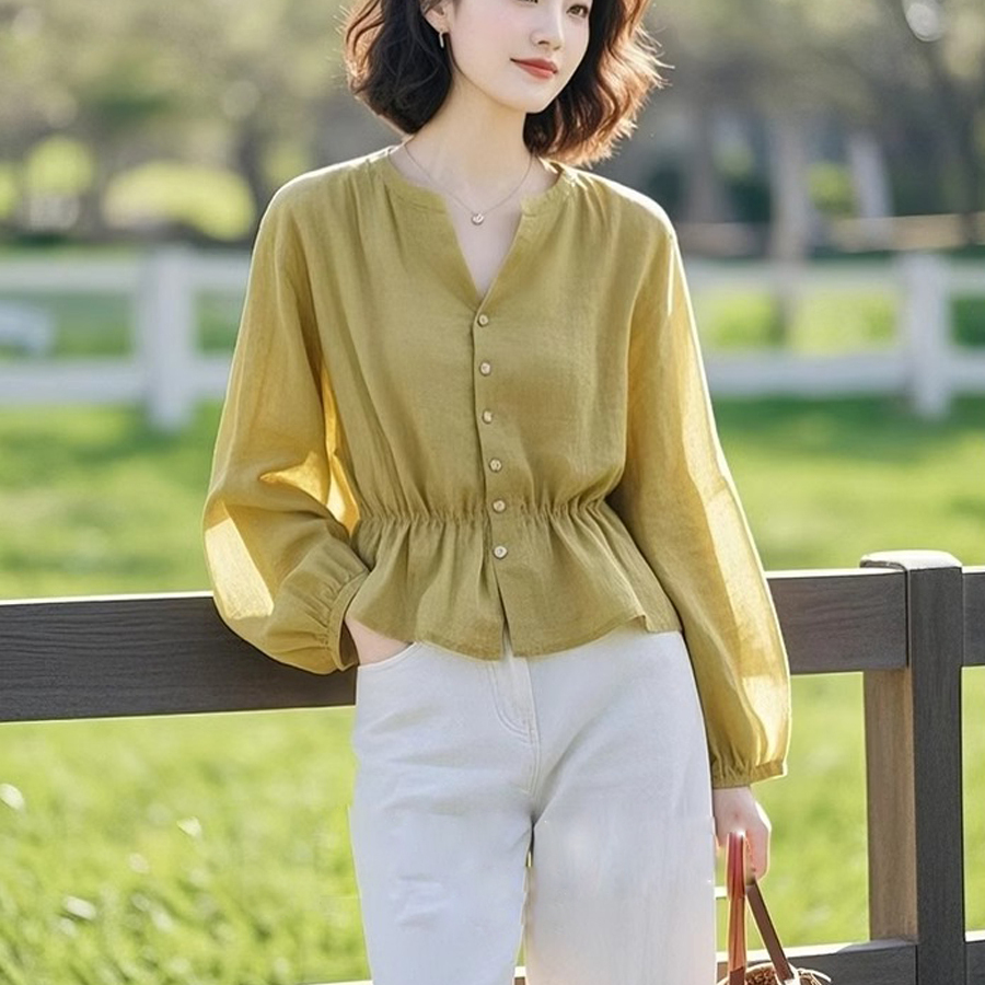 亚麻芥末绿色棉麻衬衫女士上衣