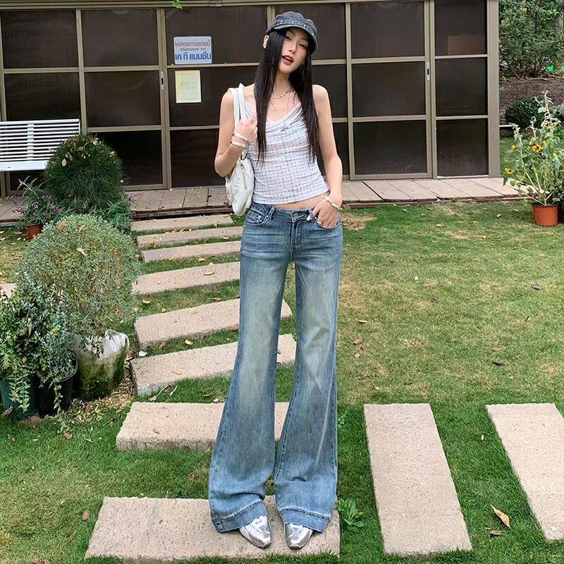 百搭四季色 复古低腰微喇叭牛仔裤女美式潮牌修身微喇休闲裤新款