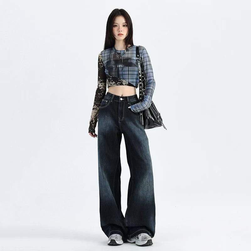 秋季美式复古深色阔腿直筒牛仔裤女2026年新款慵懒宽松拖地裤