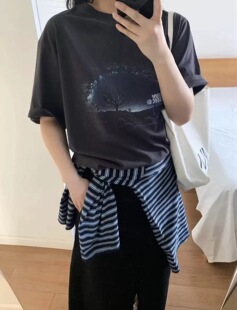 夏季新款t恤女韩版小众OWCLASSI设计师涂鸦印花短袖纯棉潮牌宽松