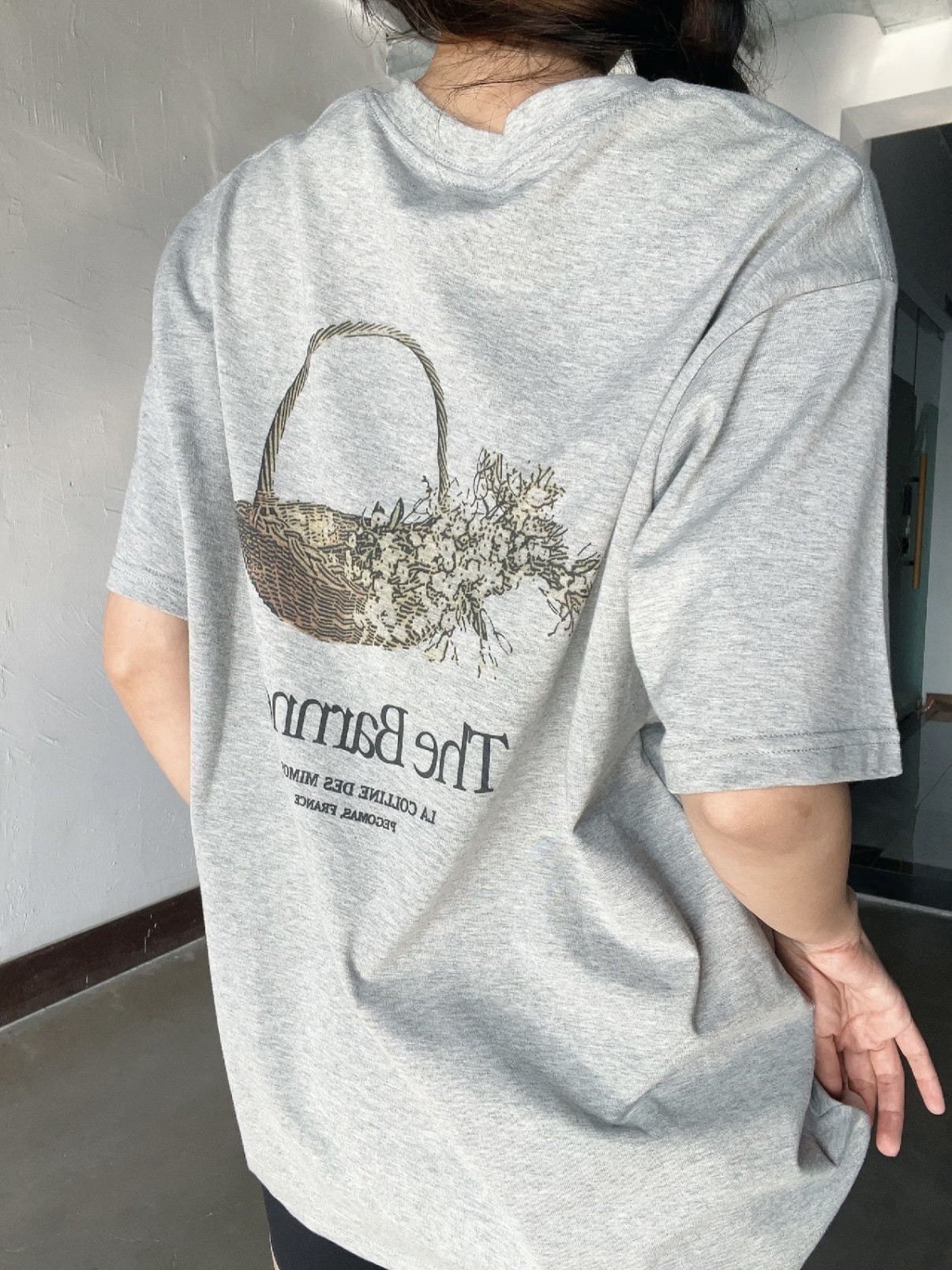 韩版潮牌后背花篮图案字母印花圆领宽松短袖t直喷慵懒风男女同款