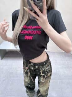 2026夏季新款字母印花修身短袖T恤女1996数字上衣明星同款百搭潮