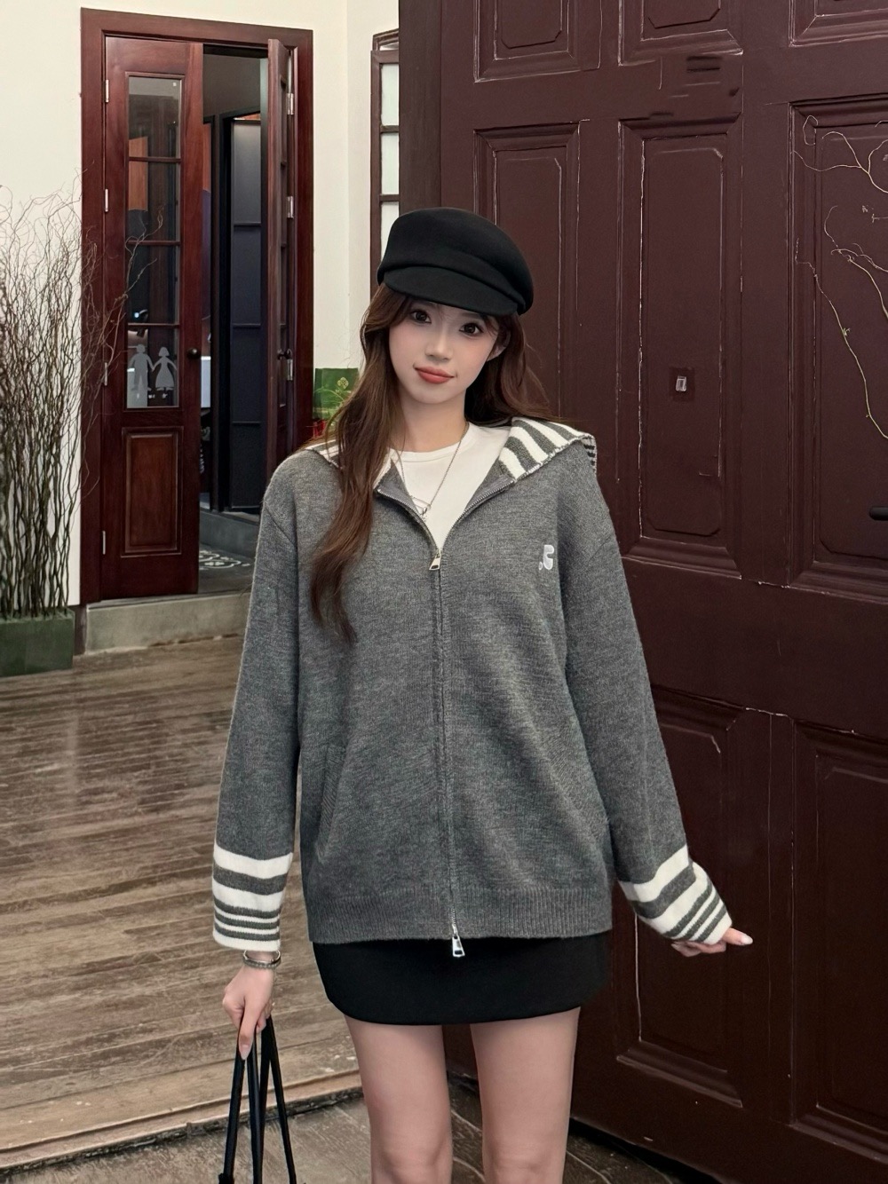 冬新款刺绣撞色条纹海军领针织毛衣开衫设计感小众款上身百搭出片