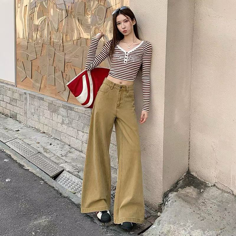 新款美式扎染裤子女筒喇高腰体闲裤女秋季宽松阔腿喇叭牛仔裤