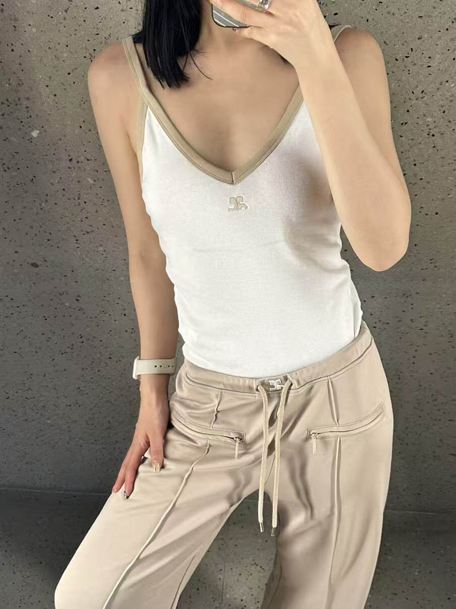 夏季新款短款背心吊带法国经典刺绣拼色明星同款圆领短袖纯棉潮牌