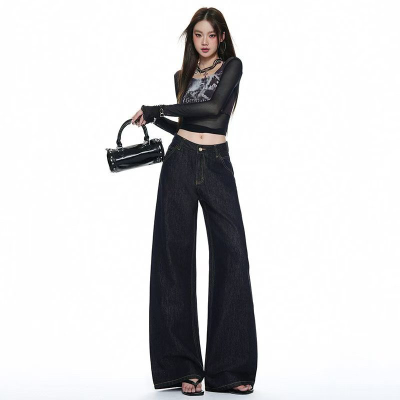 新款美式复古宽松阔腿单宁裤后腰可调节扣设计原色秋季牛仔裤女