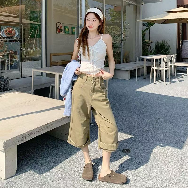 夏季新款美式复古褶皱卡其色弯刀牛仔七分裤女高腰宽松痞帅中裤子
